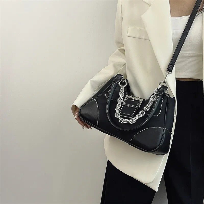 Vintage Sweet Cool Girls Canvas Underarm Bag Patent Leather Women's Metal Chain Shoulder Crossbody Bags Y2k Tote Purse Handbags