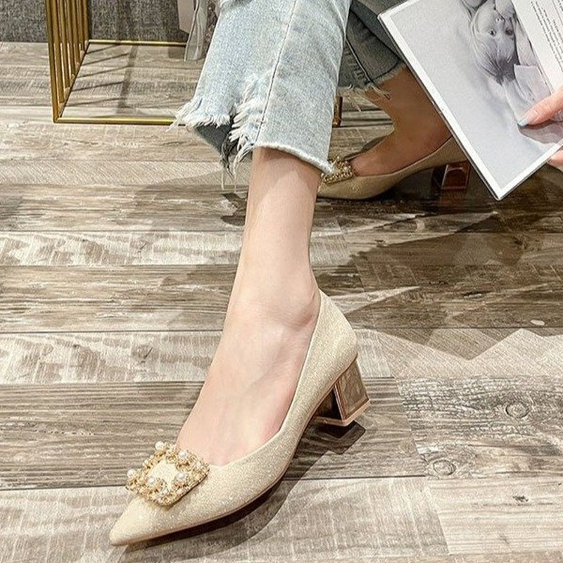 Pumps  New Pearl Diamond Buckle Pointed Toe Fashion High Heels Summer Designer Shoes Wedding Party Luxury Brand Woman Shoe