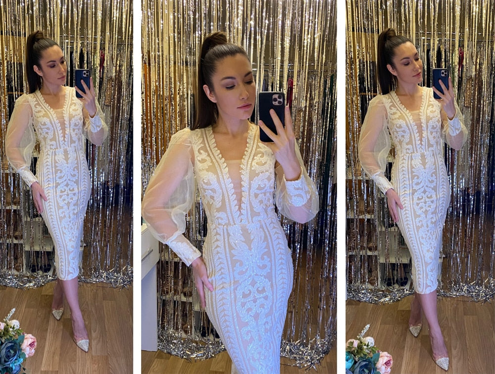 Long Sleeve Dress White Sequin Evening Dress Elegant Vneck Party Long Prom Dress