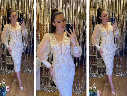 Long Sleeve Dress White Sequin Evening Dress Elegant Vneck Party Long Prom Dress