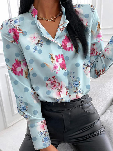 Autumn Floral Print Blouse Women Clothes Stand Collar Long Sleeve Office Lady Shirts Tops Female Casual Plus Size Blouses