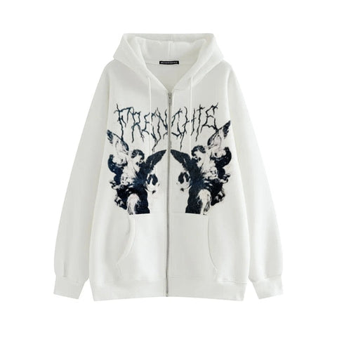 Hip Hop Streetwear Women Angel Dark Print Harajuku Hooded Jacket Sweatshirts  Autumn Punk Zipper Y2k Tops Coat Goth Outwear