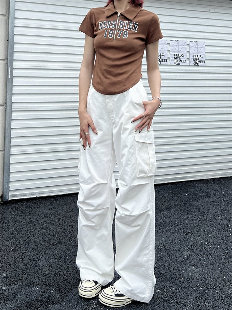 Cyber Y2K White Cargo Pants Women Korean Style Egirl Brown Wide Leg Trousers Oversized Streetwear Hip Hop Pleated Pantalon