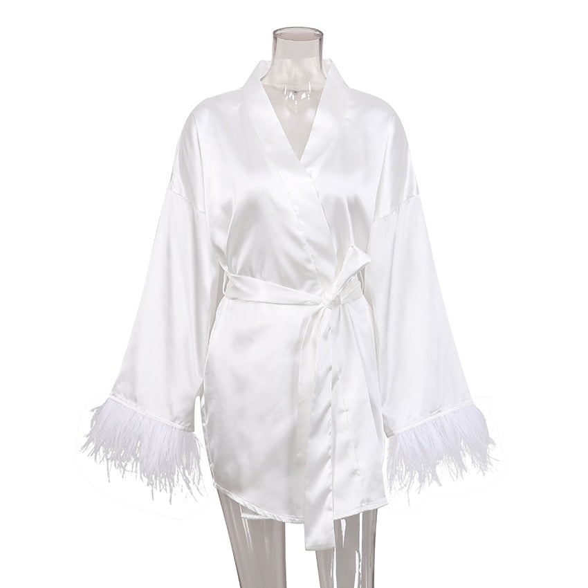 Feather Bathrobes Satin Sexy Mini Dress Long Sleeve Loose For Women Robe White Wedding Dress Black Bride Dresses