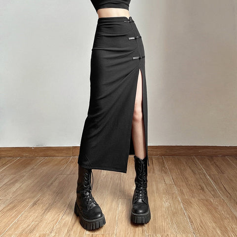 Goth Dark Streetwear Black Y2k Cargo Midi Skirts Grunge Gothic Split Sexy High Waist Skirt For Women Korean Fashion Fall Bottoms