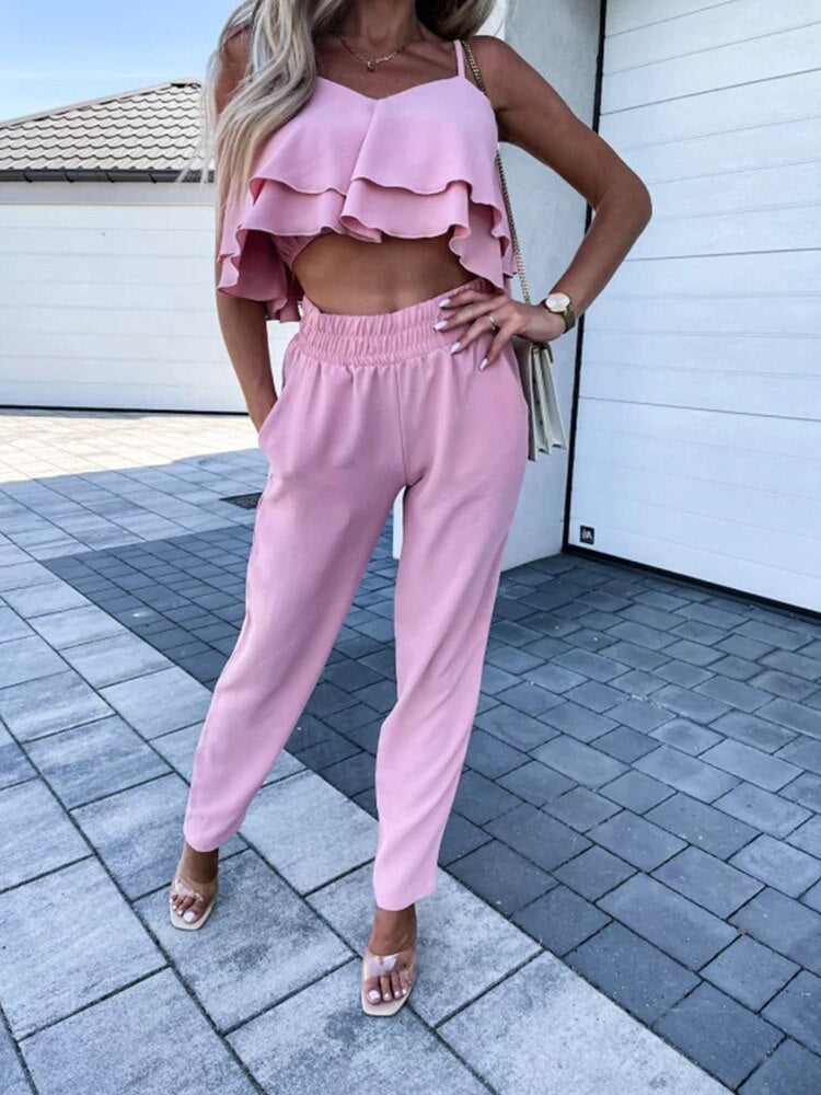 Elegant Casual Solid Two Piece Set New Women V Neck Ruffles Sling Tops+Elastic Waist Long Harem Pants Summer Fashion Chic Outfit