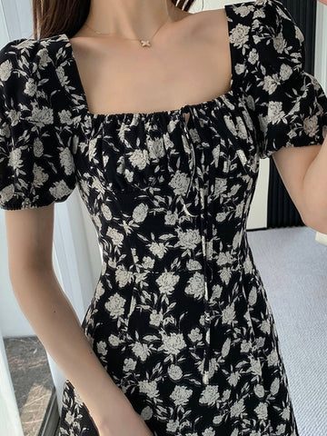 Vintage French Sexy Bodycon Black Floral Square Collar Office Lady Midi Chiffon Dress Women Party Elegant Clothes Summer