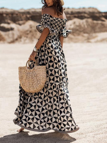 Summer Off The Shoulder Boho Long Dress Spring Elegant Geometric Print Party Dress Sexy Slash Neck Flare Sleeve Maxi Women Dress