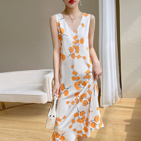 Explosive French Acetate Sling Dress Women's Summer New Waist Long Skirt High-End Printed Skirt Suit Matching