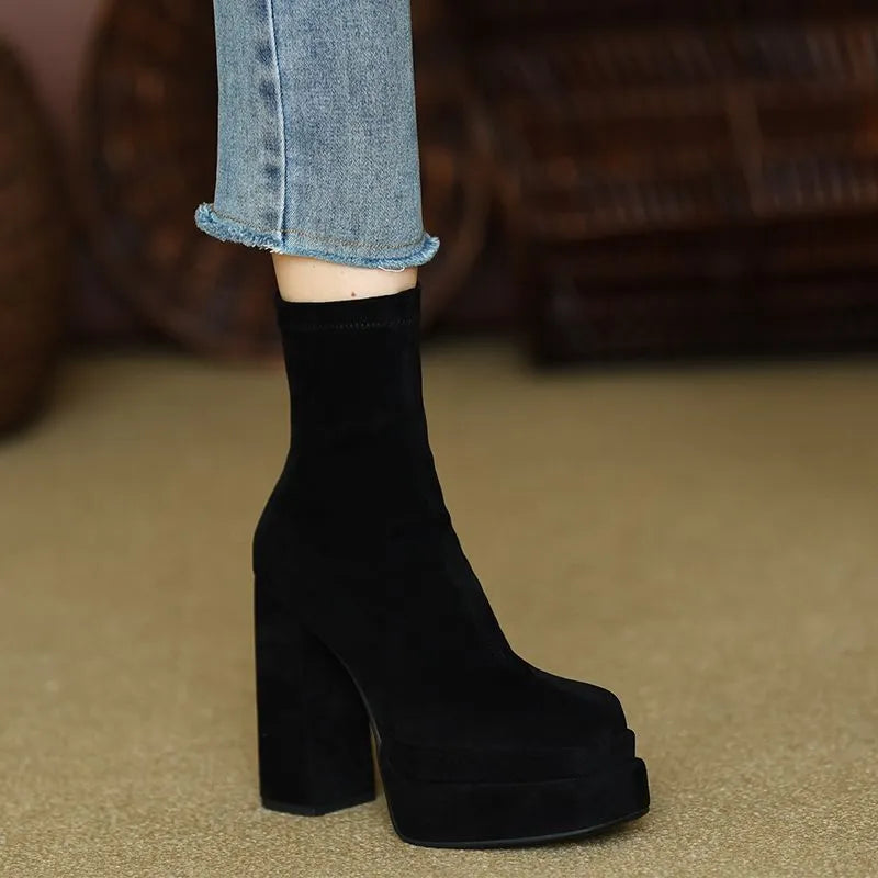 Footwear Chunky Women's Ankle Boots Very High Heels Booties Heeled Short Shoes for Woman Suede Platform Sock with Free Shipping