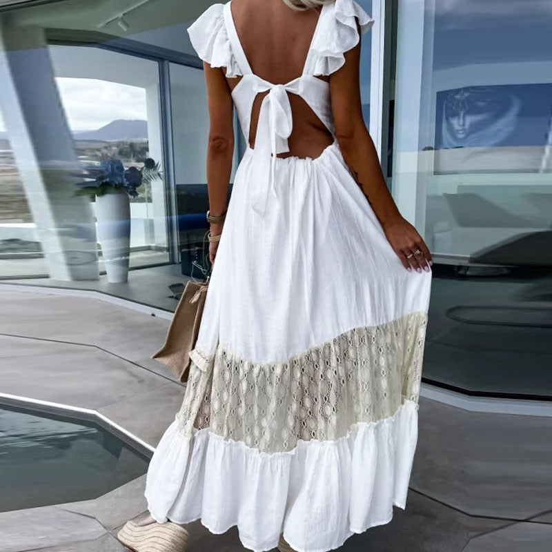 Elegant Lace Embroidery Stitch Pleated Dresses Womem Fashion Stand Collar Button-up Linen Party Dress Chic Hollow Formal Dress