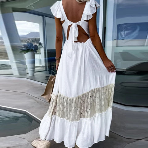 Elegant Lace Embroidery Stitch Pleated Dresses Womem Fashion Stand Collar Button-up Linen Party Dress Chic Hollow Formal Dress