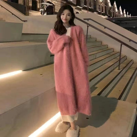 Imitation Mink Long Cardigan Women Casual Loose Soft Sweater Gilet Elegant Fall Winter Fluffy Knitwear Jackets Warm Knit