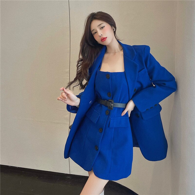 Women Fashion 2 Piece Dress Suits Blue Black Belted A Line Dress&amp;Long Sleeve Blazer Jacket Outfits Elegant Lady 2PC Skirt Sets