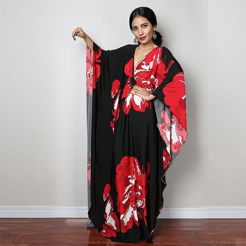 Print Maxi Dress Batwing Sleeve Tunic Spring Autumn Beach Dress Casual Plus Size Women Beachwear Kaftan Cover-ups Pbong mid size graduation outfit romantic style teen swag clean girl ideas 90s latina aesthetic