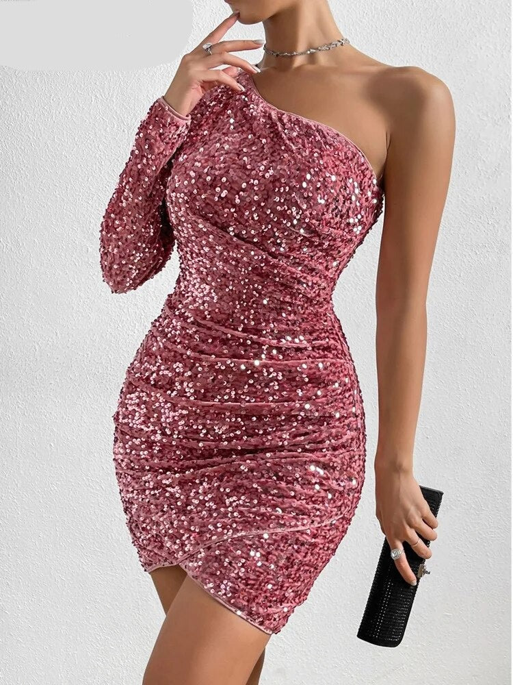 Glitter Sequin Mini Dress For Women Backless Sexy Nightclub Party Dress Slim One Shoulder Long Sleeves Autumn Vestidos