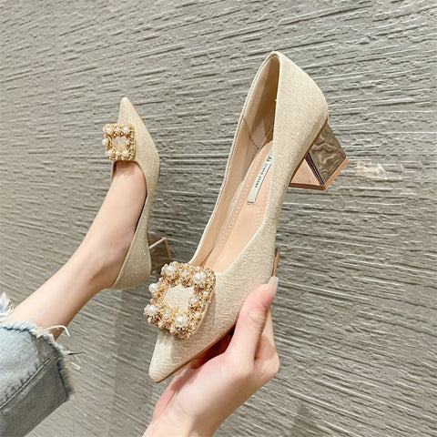 Pumps  New Pearl Diamond Buckle Pointed Toe Fashion High Heels Summer Designer Shoes Wedding Party Luxury Brand Woman Shoe