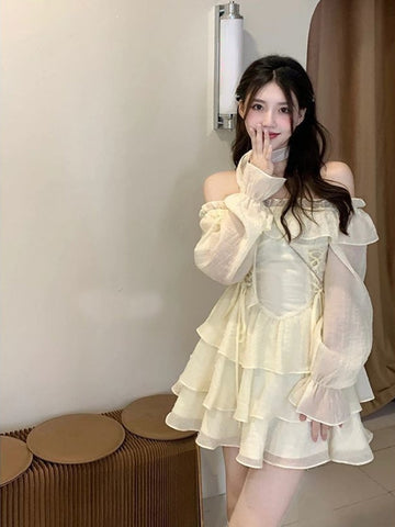 Long Sleeve Elegant Mini Dress Lolita Pure Color Short Party Dress Woman Casual Spring Sweet One Piece Dress Korean Fashion