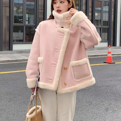 Pink Sherpa Cashmere Jacket Ladies Short Winter Fur Solid Color Loose Stitching Long Sleeve Small Korean Style Thickening New