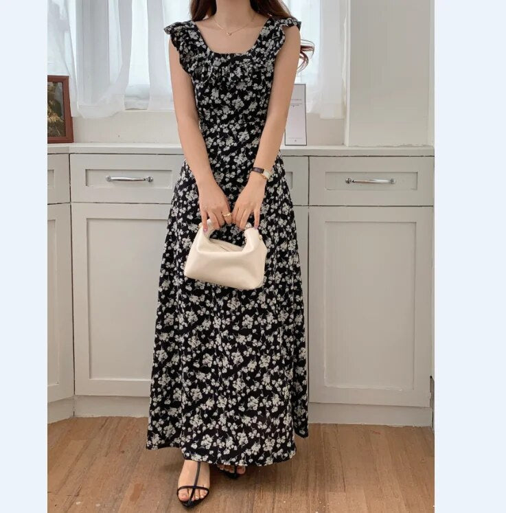 Chic Korean Clothes Design Autumn Women Sleeveless Japan Girls Cute Floral Printed Retro Vintage Date Black Long Maxi Dress