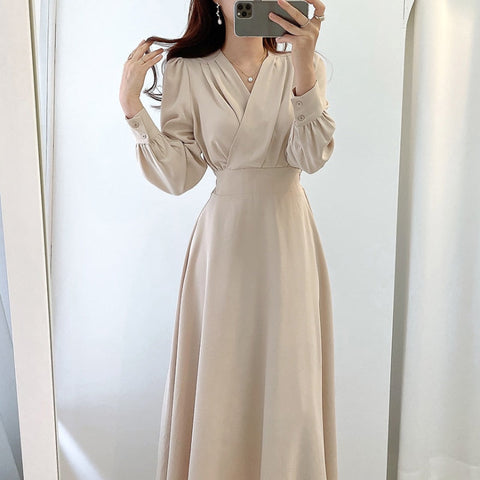 Harajuku V-neck Puff Sleeve A-line Maxi Dresses for Woman Women Solid Color Midi Robe Korean Office Dresses Elegant Spring