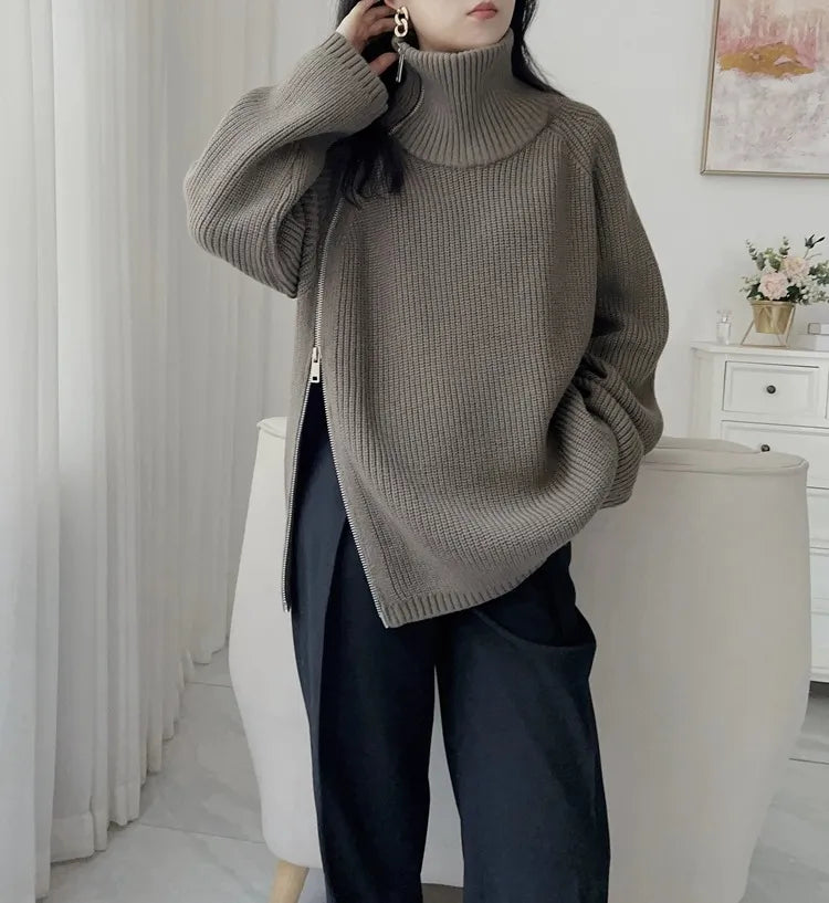 autumn and winter new 100% pure cashmere cardigan women's high neck mid-long zipper sweater loose knit coat