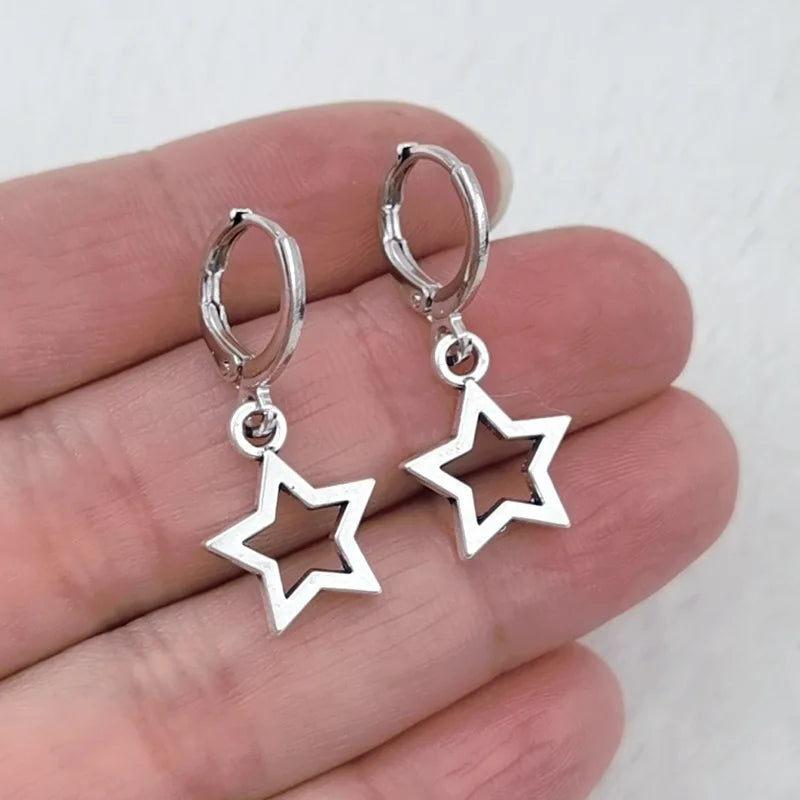 Y2K Goth Harajuku Sweet Cool Silver Color Metal Stars Drop Pendant Earring For Women Egirl Aesthetic Accessories Jewelry