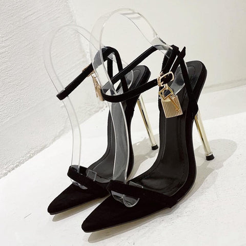 Gold Silver Ankle Strap Women's Metal Thin High Heels Gladiator Sandals Summer Pointed Toe Female Party Shoes