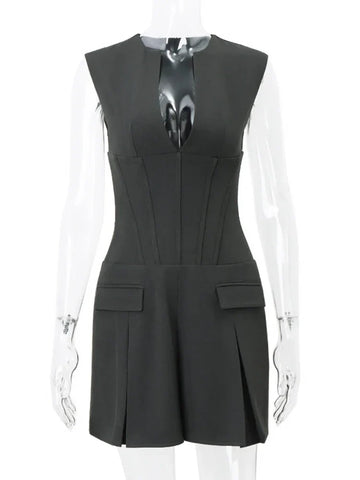 Patchwork Sleeveless V-Neck Mini Dress Female Elegant Pocket Fashion Slim Vintage High Waist Dress Summer Women Dress New