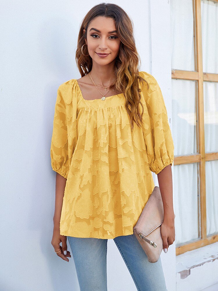 Summer Floral Decal Blouse Women Fashion Square Collar Half Sleeve Loose Casual Elegant Tops Lady Office Chiffon Shirt