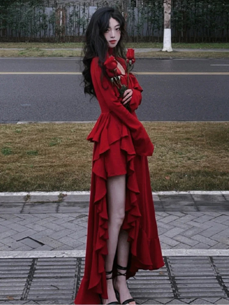 Autumn Red Vintage Elegant Dress Women Flare Sleeve Designer Sweet Long Dress Female Ruffles Retro Princess Irregular Dress