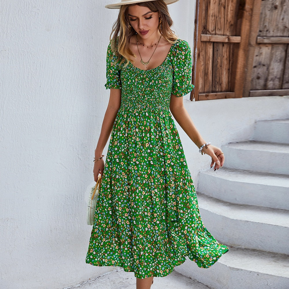 Print Dress Women Summer Holiday Midi Dress Casual Puff Sleeve High Waist Boho Split Dresses For Women Clothes