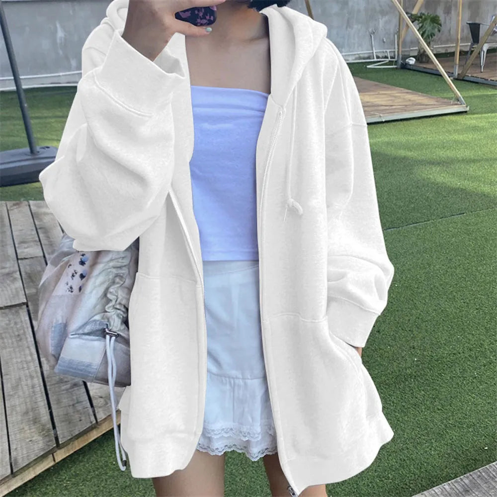 Women Hoodies Coat Zip Up Harajuku Hoodie Long Sleeve Spring Autumn Loose Casual Oversized Sweatshirts Jacket with Pocket