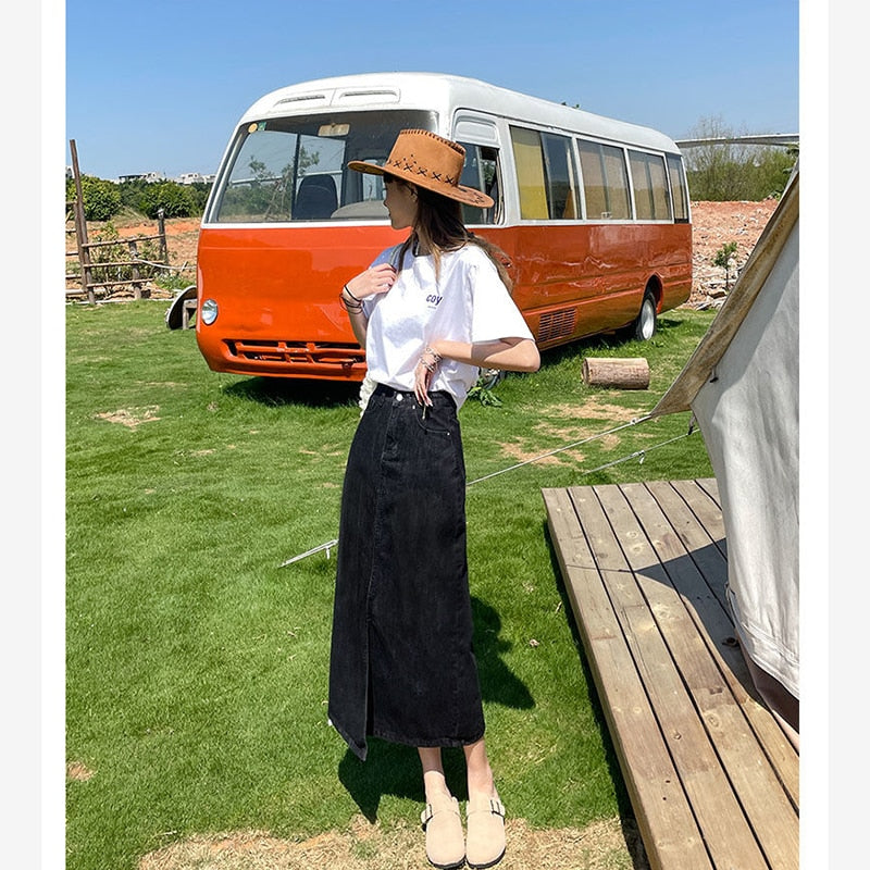 Vintage High Waist Women Denim Midi Skirt Summer Korean Thin Section Slit A Line Skirts Fashion Casual All Match Denim Skirts