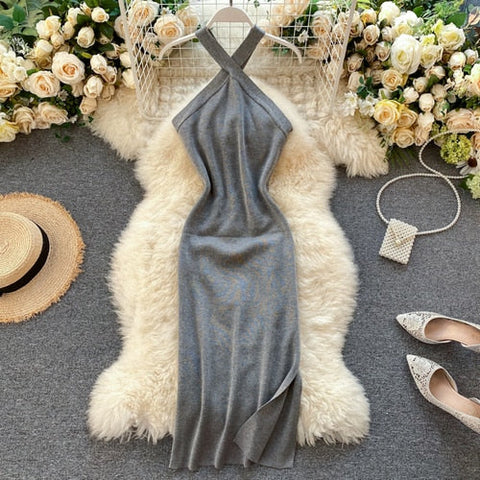 Sexy Halter Off Shoulder Knit Split Dress Chic Criss-cross Backless Beach Party Fashion Vestido Women Elastic Casual Robe Y2k