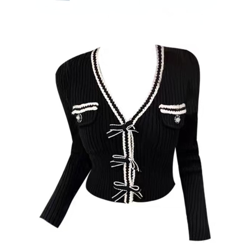 Elegant Knitted Pullover Office Lady Autumn Casual Long Sleeve Y2k Clothing V-neck Korean Style Fashion Slim Blouse Woman