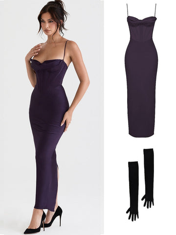 Wedding Guest Dress Women Bodycon Satin Maxi Dress Long Spaghetti Strap Sexy Prom Evening Party Dresses with Glove Purple