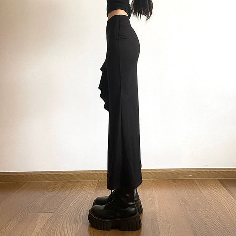 Goth Dark High Split Ruffles Side Y2k Maxi Skirts Elegant Mall Gothic Bandage Sexy Partywear Women Grunge High Waist Long Skirt