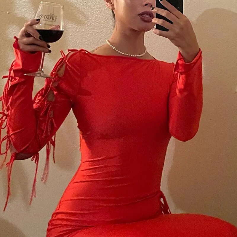 Red Hollow Out Stretchy Bandage Sexy Midi Dress Club Party Long Sleeve Bodycon Dress Women Event Nightwear Outfits