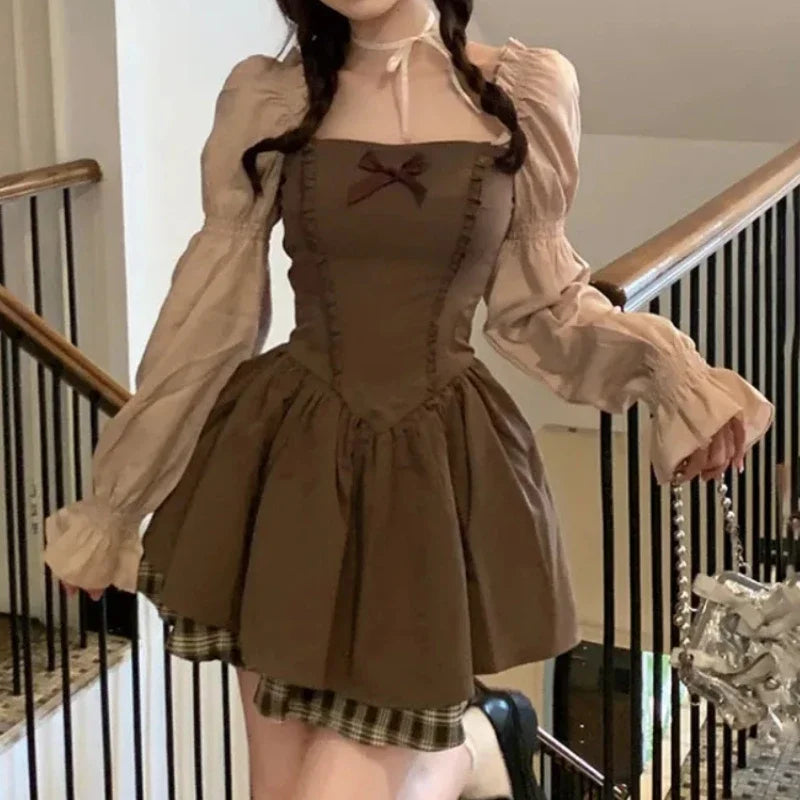 Deeptown Kawaii Korean Style Brown Mini Dress Women Fairycore Cute Lolita One Piece Long Sleeve Tunic Princess Dresses Autumn