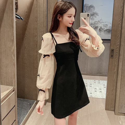 French Elegant Party Night Woman Mini Dress Patchwork Mesh Puff Sleeve Bow Sweet Girls Black Short Dresses Women Clothes Vestido