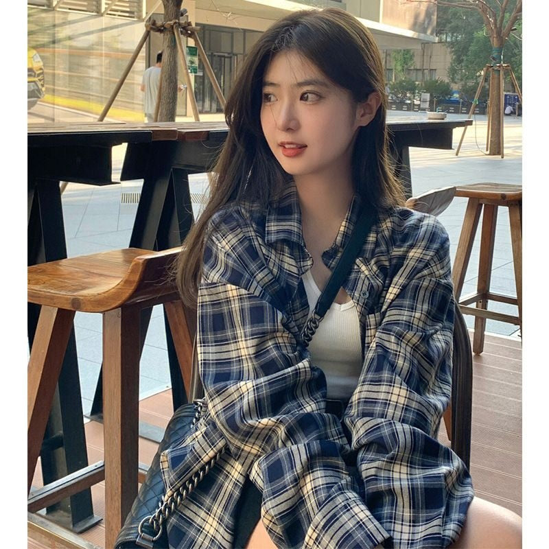 Plaid Shirt Lazy Style Retro Loose Shirt Cardigan Female Women's Shirt Coat Long Sleeve Autumn Spring Clothes South Korea