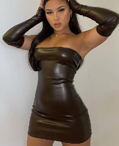 Y2K Leather With Gloves Party Dress Women's Backless Sexy Low Cut Clubwear Skinny Black Bodycon Mini Dresses Female