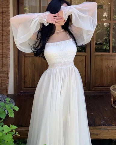 Elegant Maxi Dresses For Women White Off Shoulder Puff Long Sleeve Elastic High Waist Party Gown Ruffle Holiday Dress