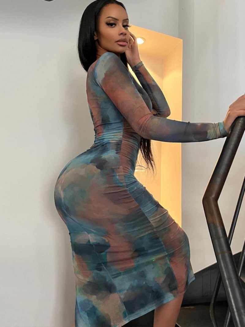 Casual Sexy O-neck Printed Bodycon Party Dress for Women Streetwear Y2K  Summer Autumn Ladies Nightclub Mid-calf Vestidos
