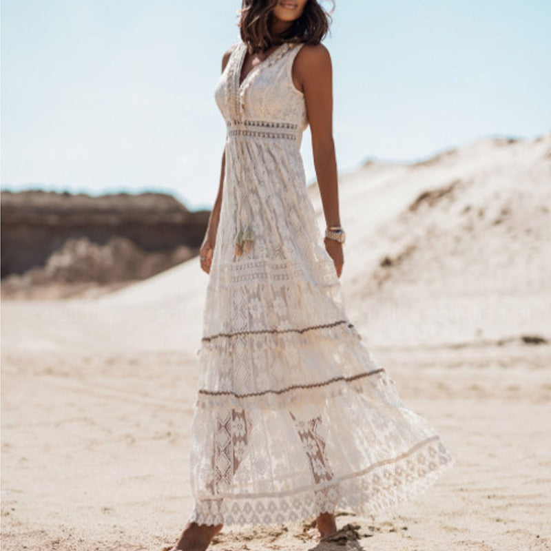 Boho Dress Women Summer Maxi Dress Lady Off Shoulder Holiday Lace V Neck Spaghetti Strap Sundress White Dress