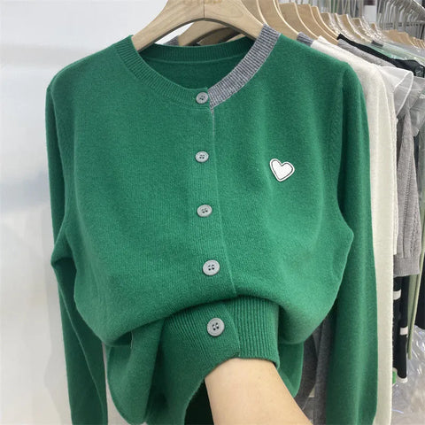 Spring and Autumn New Korean Gentle Knitted Cardigan Women Patch Long Sleeve Bottom Top Westernized Loose Sweater Female Coat