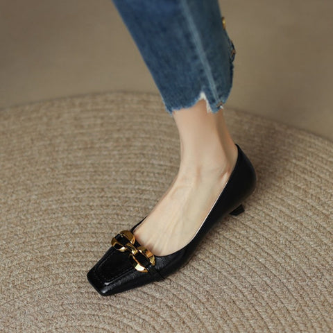 Spring/Summer Women's Pumps Split Leather High Heels Square Toe Thin Heel Women Shoes Metal Buckle Lady Shoes Party Shoes