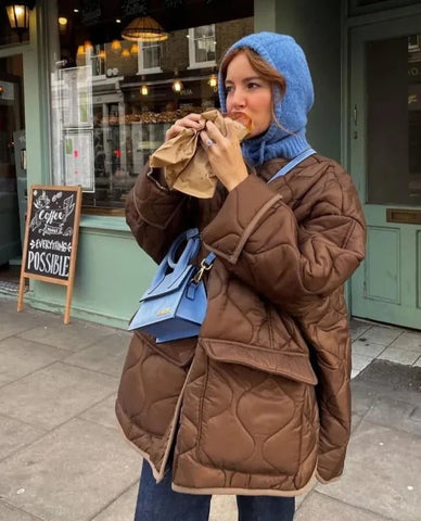 Casual Brown Windbreak Padded Coat For Woman Fashion O Neck Long Sleeve Oversized Cotton Jacket Thick Warm Wadded Jackets