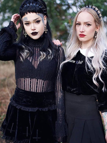 Goth Dark Mall Gothic Aesthetic Velvet Pleated Mini Skirts Women Vintage Harajuku Emo Alt Clothes High Waist Lace Ruffles Skirt